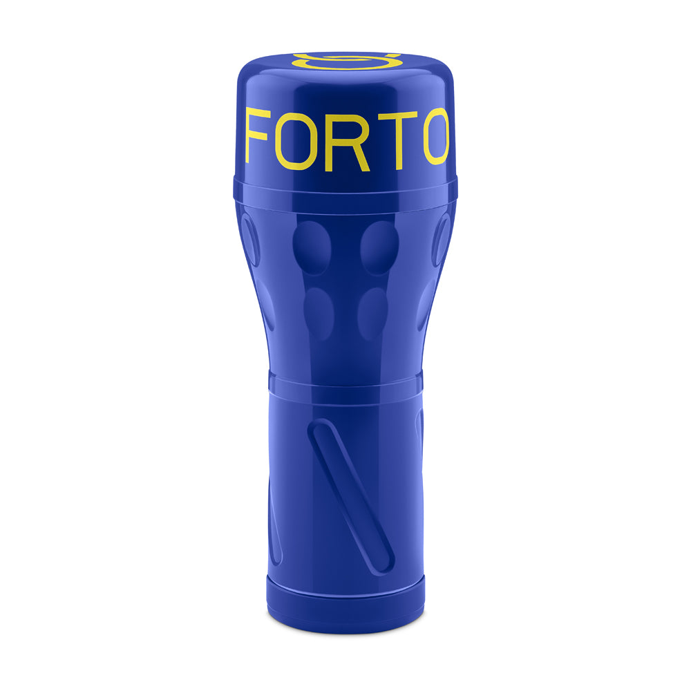 Forto Model B-02 Ribbed TPE Stroker Light in blue with yellow branding for a realistic pleasure experience.