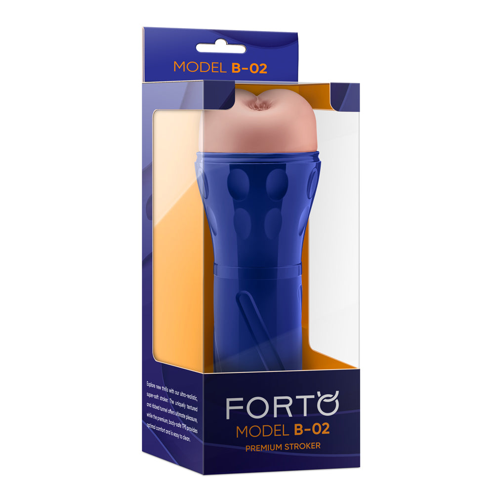 Forto Model B-02 Ribbed TPE Stroker Light in packaging showcasing realistic design and premium quality.