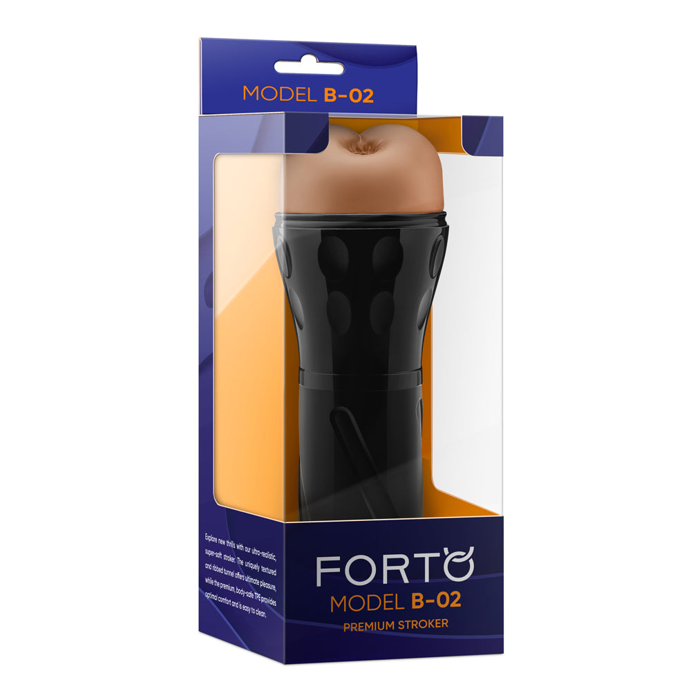 Forto Model B-02 Hard-Skin Ass Masturbator Tan in a sleek black and colorful packaging design.