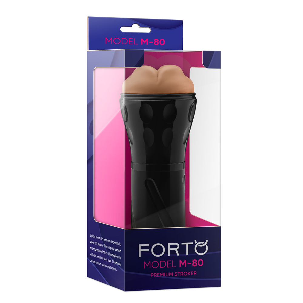 Forto Model M-80 Mouth Stroker Tan in packaging showcasing premium features and realistic design.