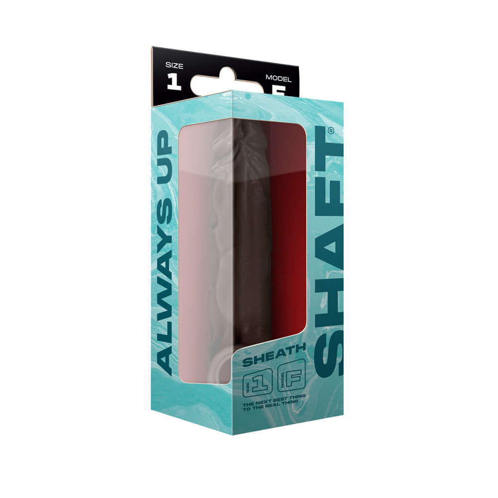 Model F Shaft Sheath Mahogany Size 1 in packaging showcasing its premium silicone design.