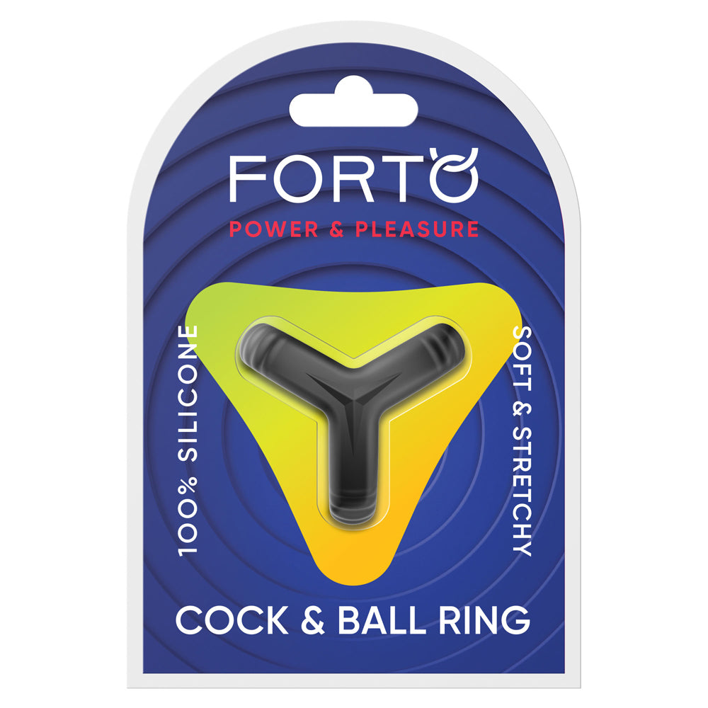 Forto F-59 Tri Cock & Ball Ring Black packaging on display with soft silicone design.