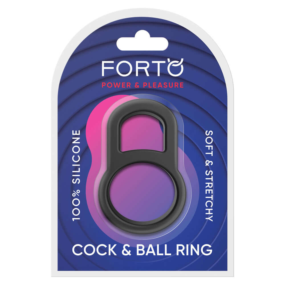 Forto F-41 Lock Cock & Ball Ring Black packaging featuring a silicone design for comfort and secure fit.