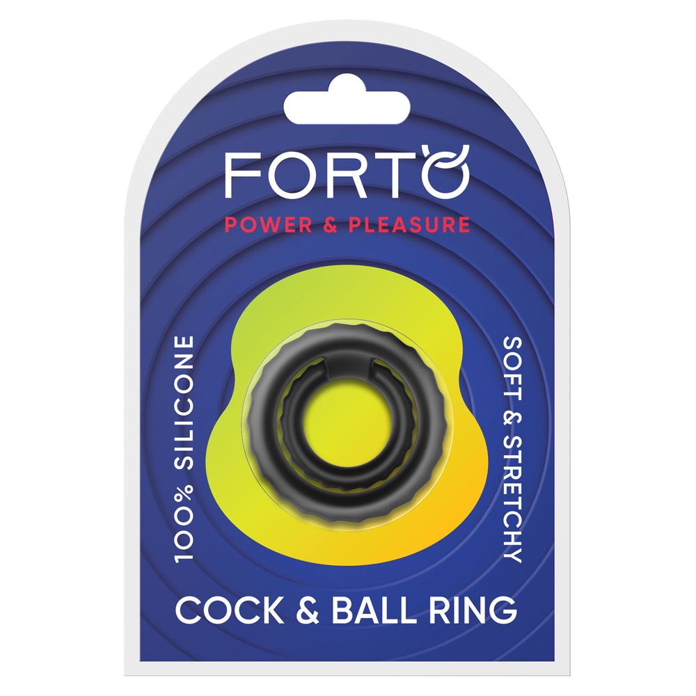 Forto F-43 Tiered Cock & Ball Ring Black packaging featuring 100% silicone material.