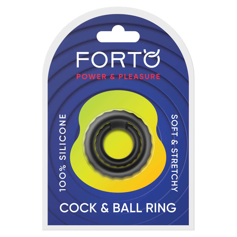 Forto F-43 Tiered Cock & Ball Ring Black packaging featuring 100% silicone material.