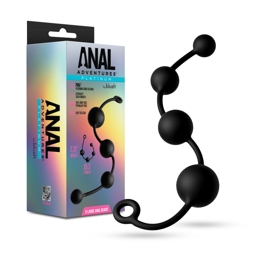 Anal Adventures Platinum X-large Anal Beads in packaging with flexible black design for satisfying backdoor exploration.
