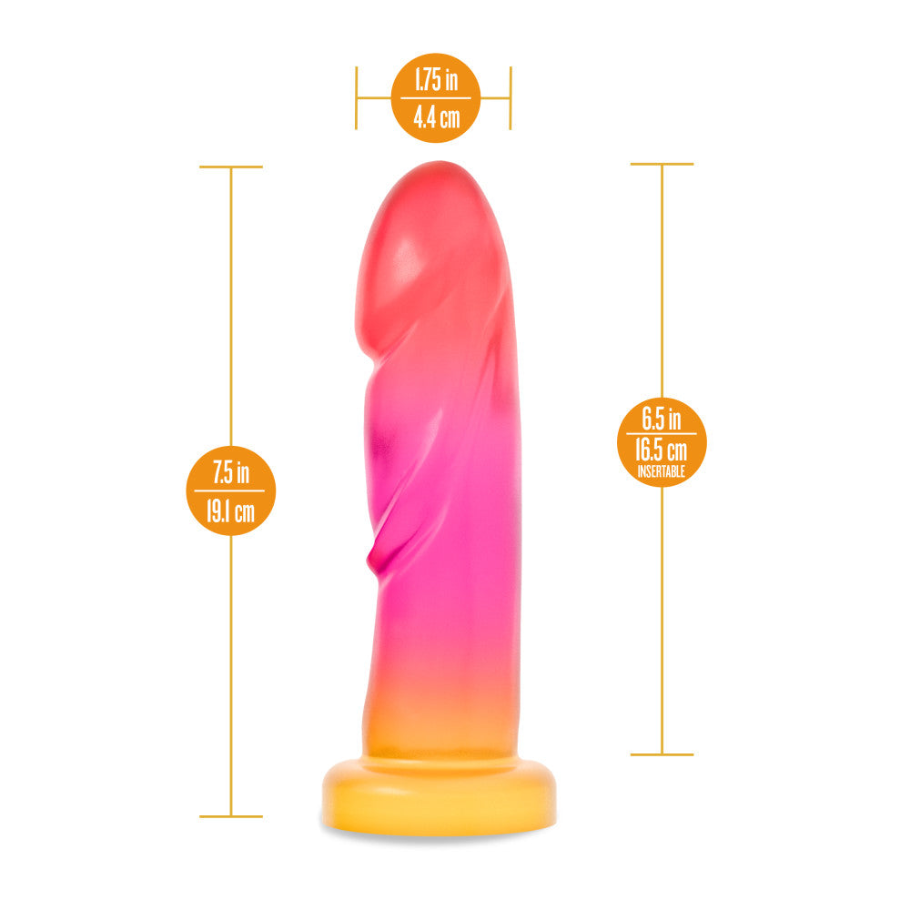 Blush Avant Handcrafted Artisan Dildo Sunburst in vibrant coral, pink, and golden colors with size dimensions highlighted.
