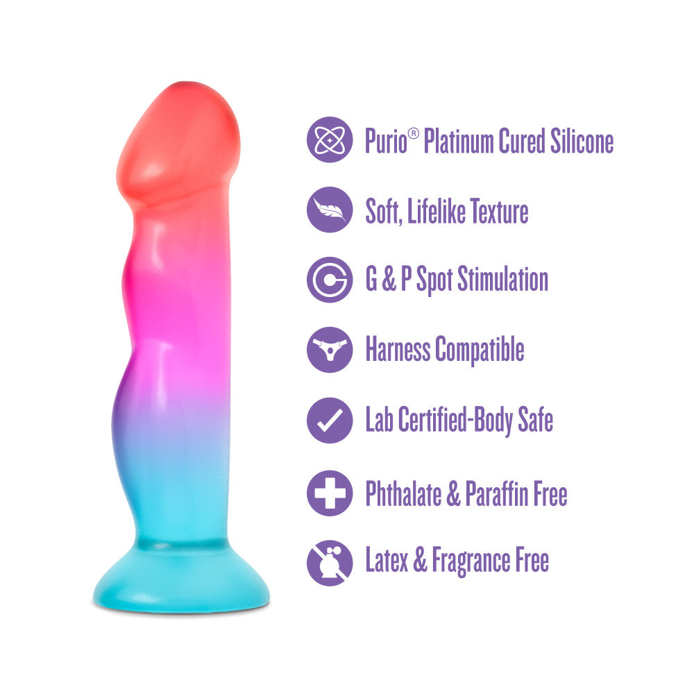 Blush Avant Handcrafted Artisan Dildo Tropical showcasing vibrant coral, pink, and aqua colors with unique design features.