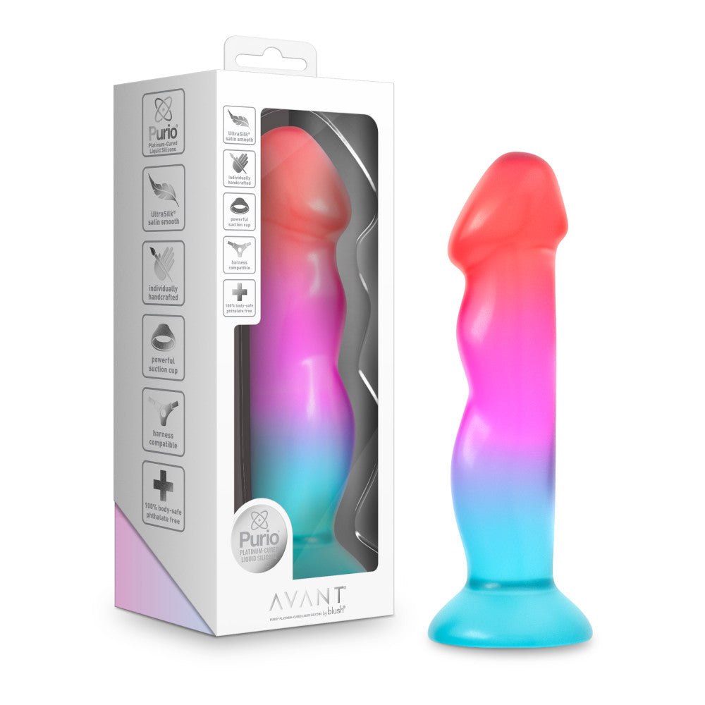 Blush Avant Handcrafted Artisan Dildo Tropical in vibrant coral, pink, and aqua colors with packaging.