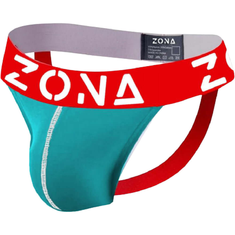ZONA Aqua Rush Jockstrap Large featuring a turquoise pouch and red elastic waistband for athletic support and comfort.