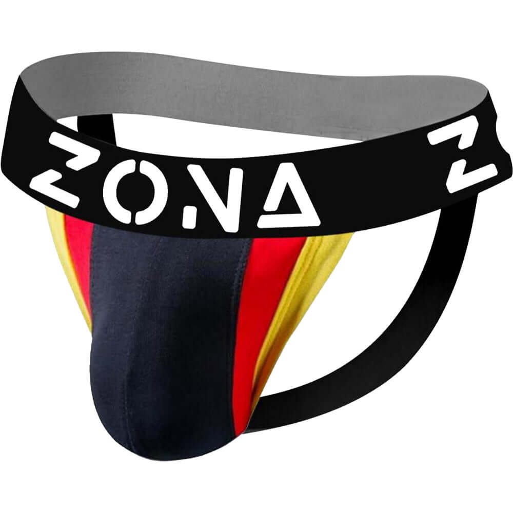 ZONA Black Apex Jockstrap Medium featuring a colorful design and wide elastic waistband for athletic support and comfort.