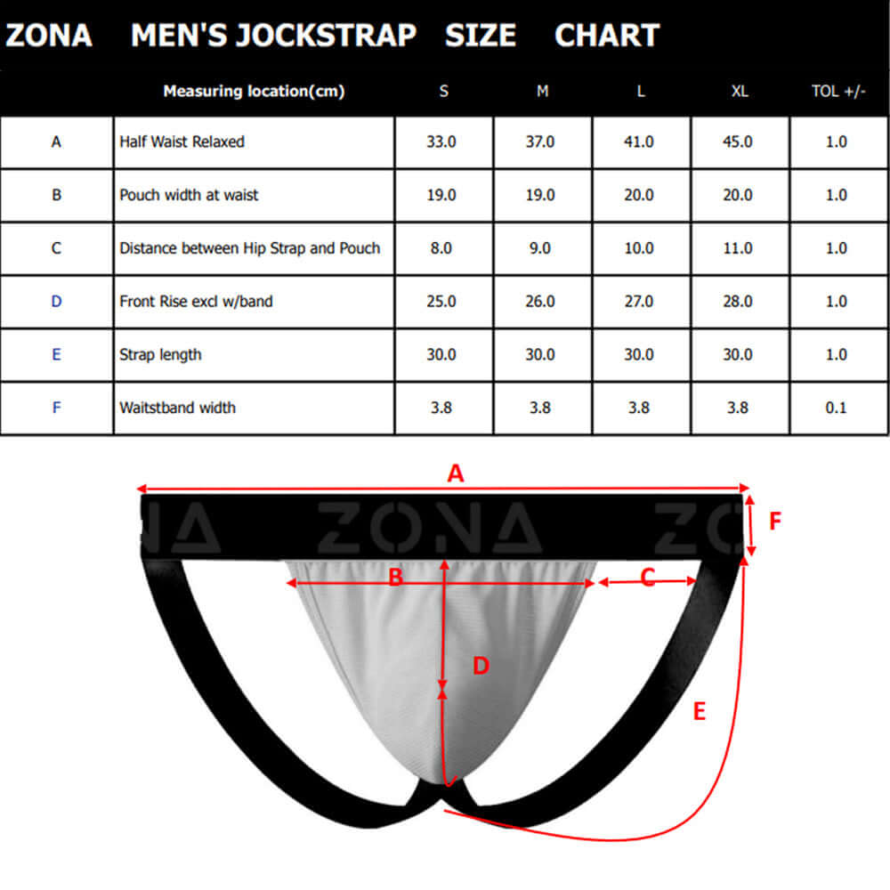 ZONA Rainbow Edge Jockstrap Medium size chart with measurements for men's jockstrap and fit details.