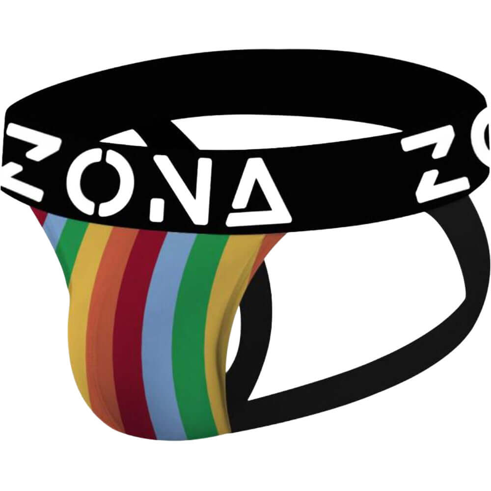 ZONA Rainbow Edge Jockstrap Medium with multi-colored waistband and supportive design for athletic men.