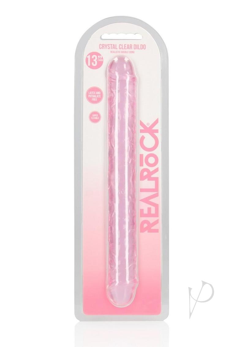 RealRock Crystal Clear Double Dong 13 Inch Pink in packaging, designed for versatile pleasure and stimulation.
