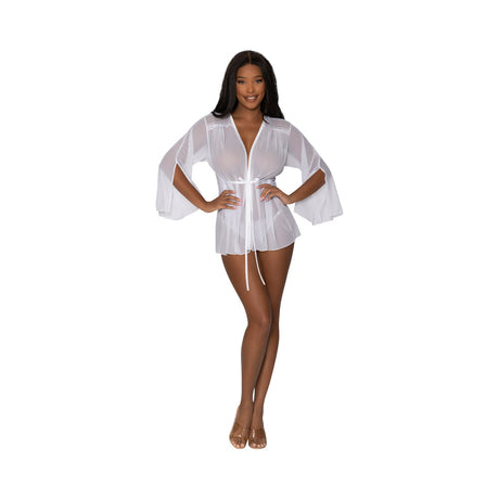 Magic Silk Modern Romance Short Robe White S M with lace and mesh details, featuring a waist tie and flowy sleeves.
