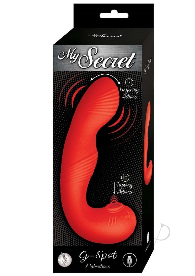 My Secret G-Spot Silicone Clitoral Vibrator Red packaging featuring sleek design and specifications.