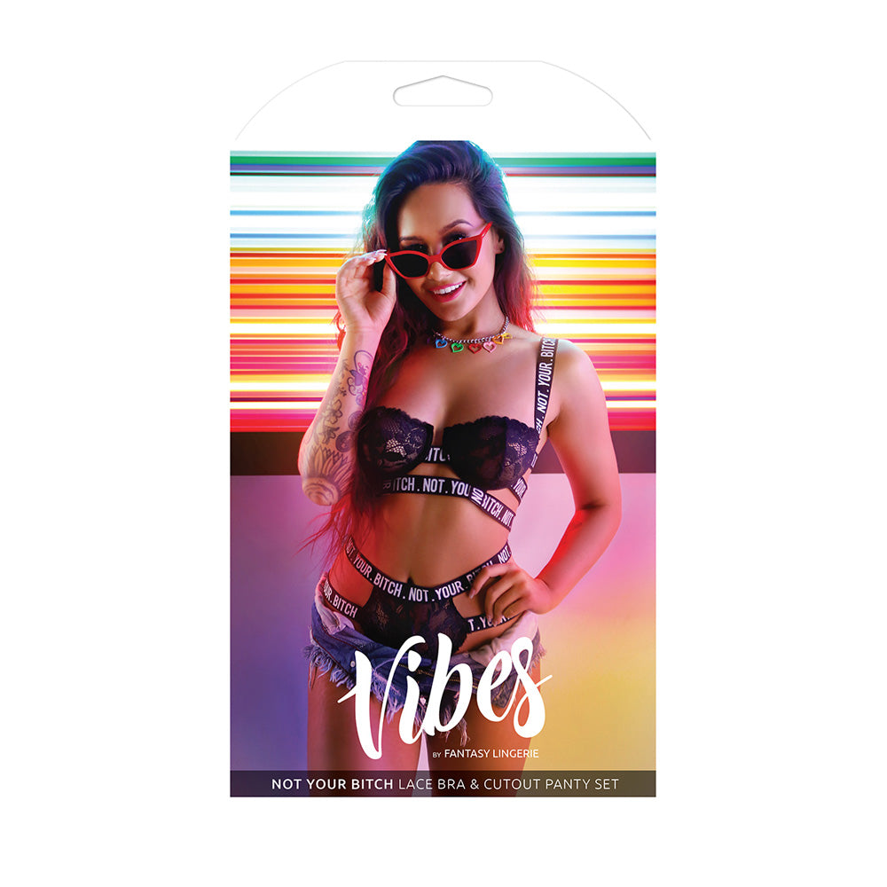 Model wearing Not Your Bitch Lace Bra & Cutout Panty Set by Fantasy Lingerie, showcasing bold style and playful attitude.