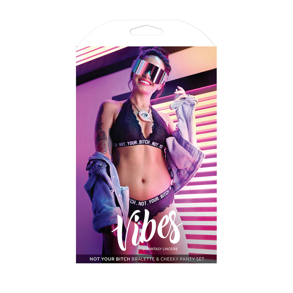 Not Your Bitch Bralette and Cheeky Panty Set L/XL Black displayed in a stylish packaging with vibrant colors.