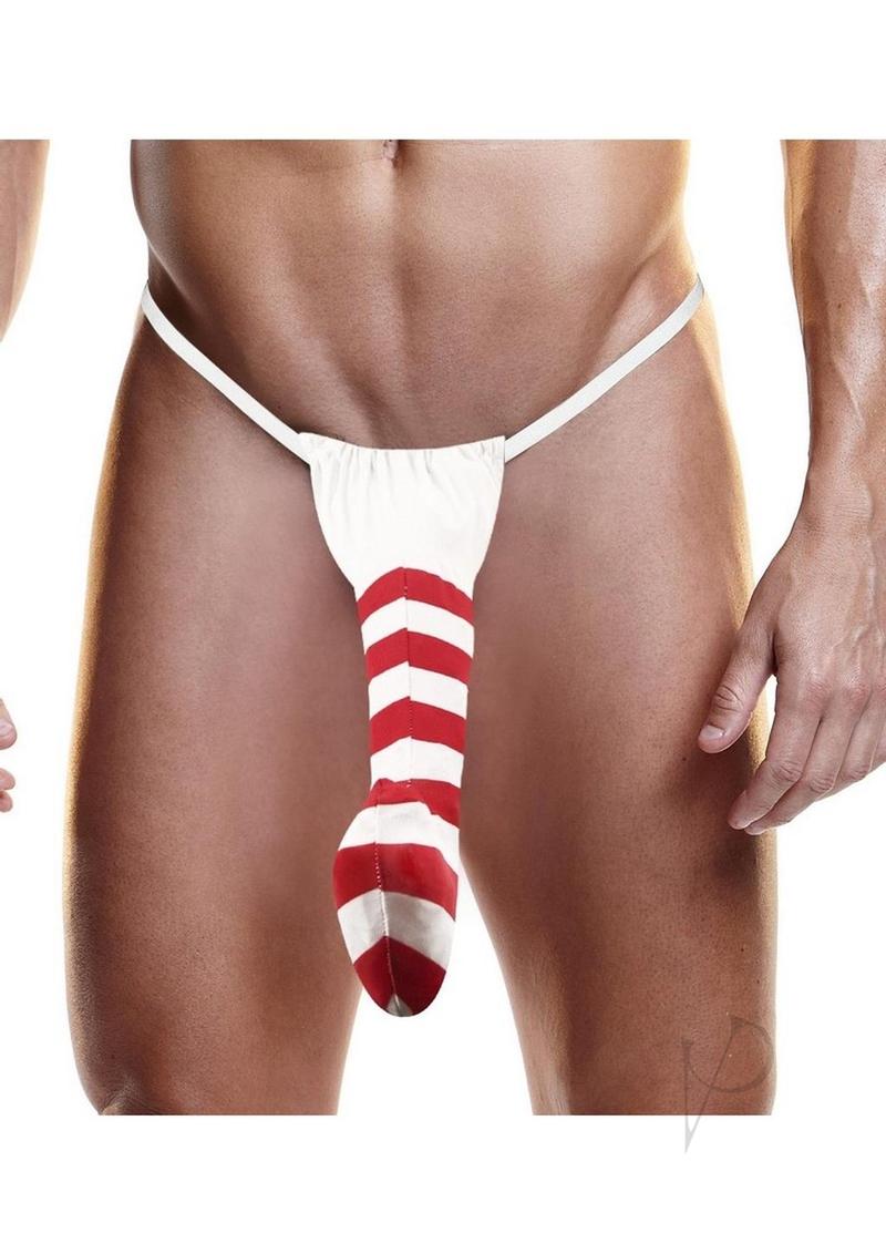 Fundies Candy Cane Men's Thong One Size Red and White displayed on a model, showcasing festive holiday underwear.
