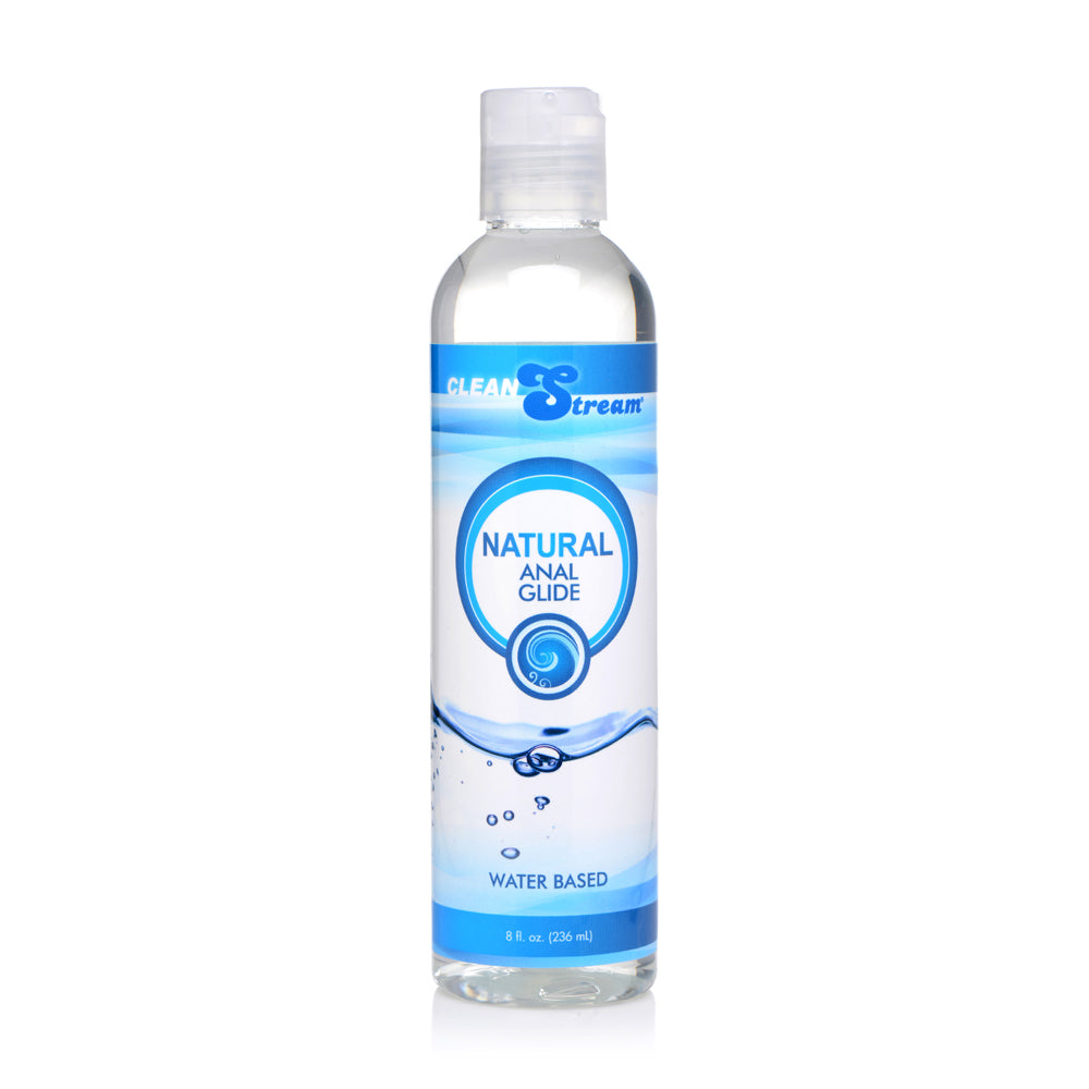 Clean Stream Natural Water-based Anal Glide 8 Oz bottle with a clear label for maximum comfort and easy cleanup.