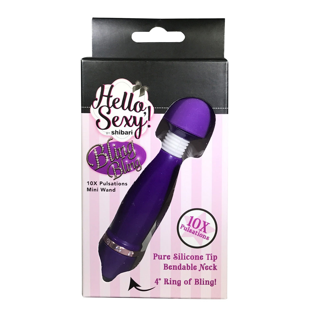 Hello Sexy Bling & Bling Mini Wand Purple in packaging with features like pure silicone tip and bendable neck.