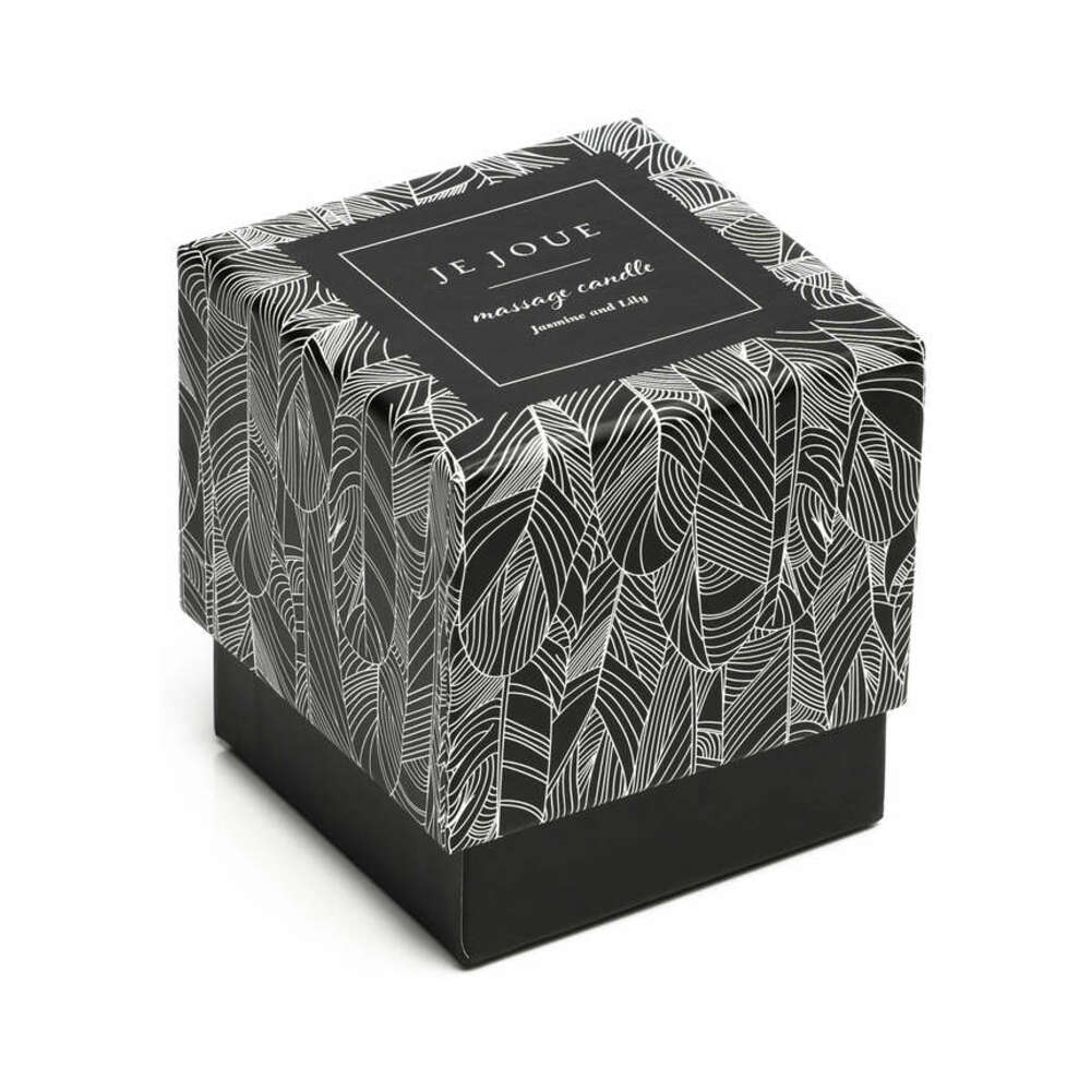 Je Joue Luxury Massage Candle Jasmine and Lily packaging with elegant leaf design.