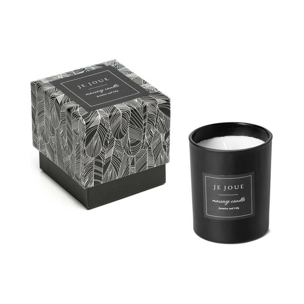 Je Joue Luxury Massage Candle Jasmine and Lily in a sleek black jar with elegant packaging.