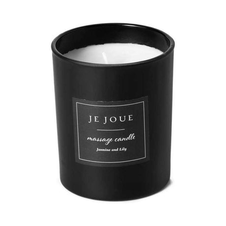 Je Joue Luxury Massage Candle Jasmine and Lily in a black container, ideal for sensual body massages.