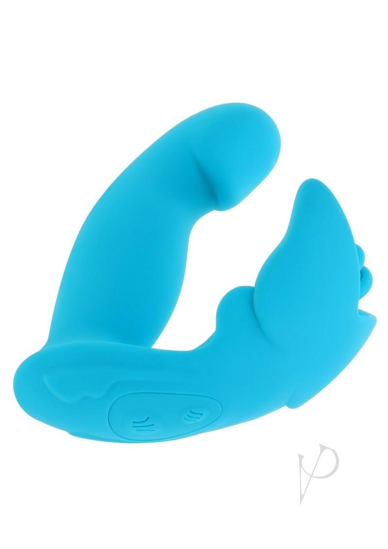 Spread Your Wings Rechargeable Silicone Multi Vibrator Blue featuring flexible butterfly stimulator and dual antennae.