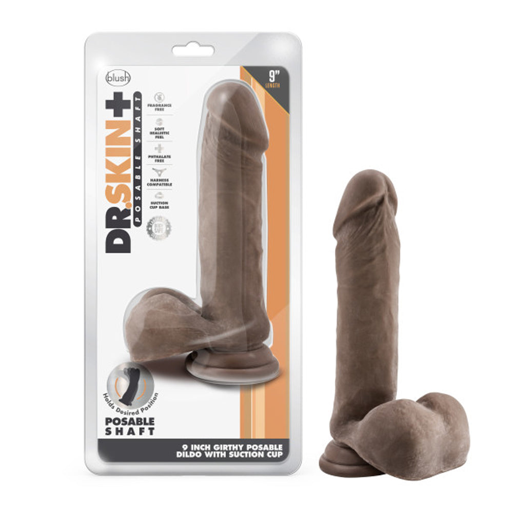 Dr. Skin Plus Thick 9 inches Triple Density Posable Dildo with Balls Brown