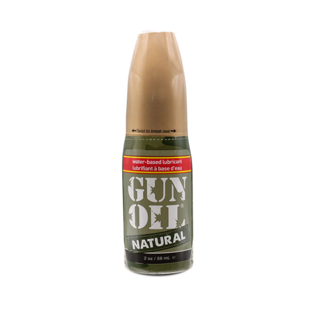 Gun Oil Natural Water-based Lubricant 2 Oz bottle with green design and beige cap on white background.