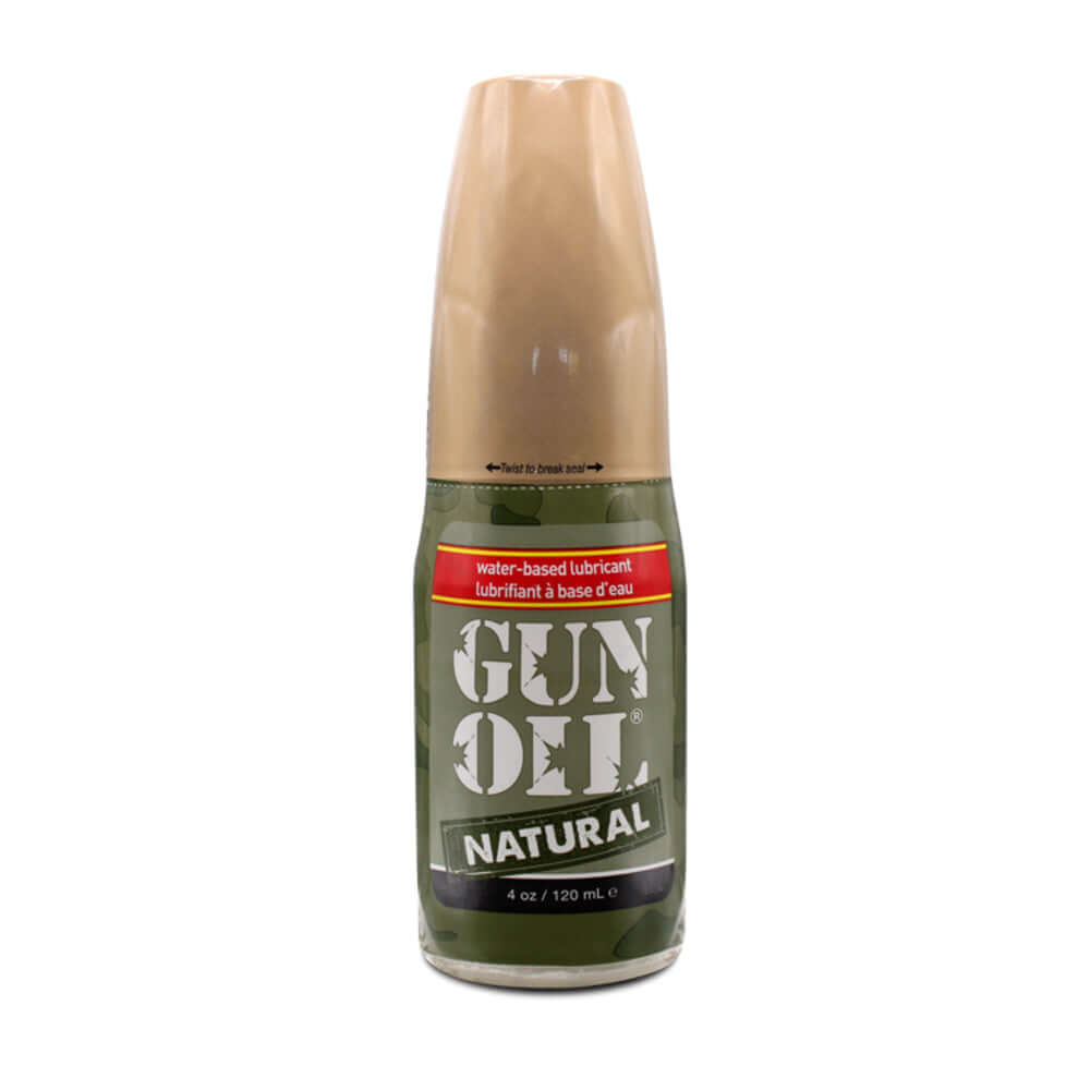 Gun Oil Natural Water-based Lubricant 4 Oz bottle featuring a camo design and easy-to-use cap.