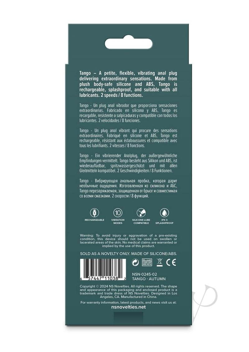 Lust-N-Dreams Tango Rechargeable Silicone Anal Plug Brown packaging back with details on features and materials.