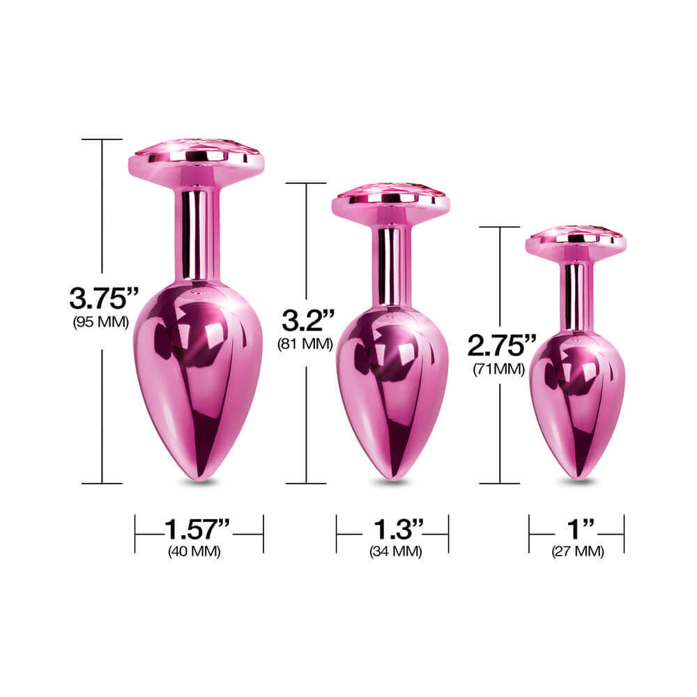 Nixie Metal Butt Plug Trainer Set 3 Piece Pink Metallic dimensions showing sizes and measurements