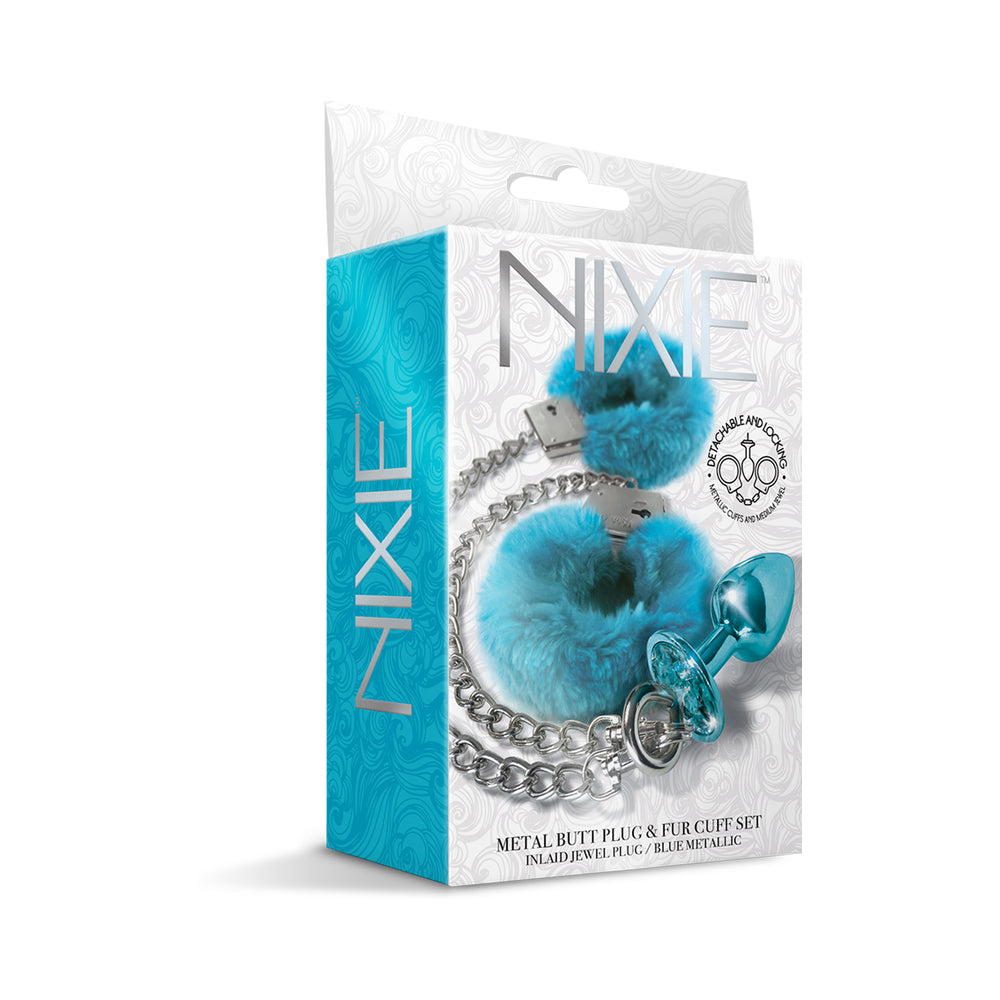 Nixie Metal Butt Plug & Furry Handcuff Set Medium Blue Metallic