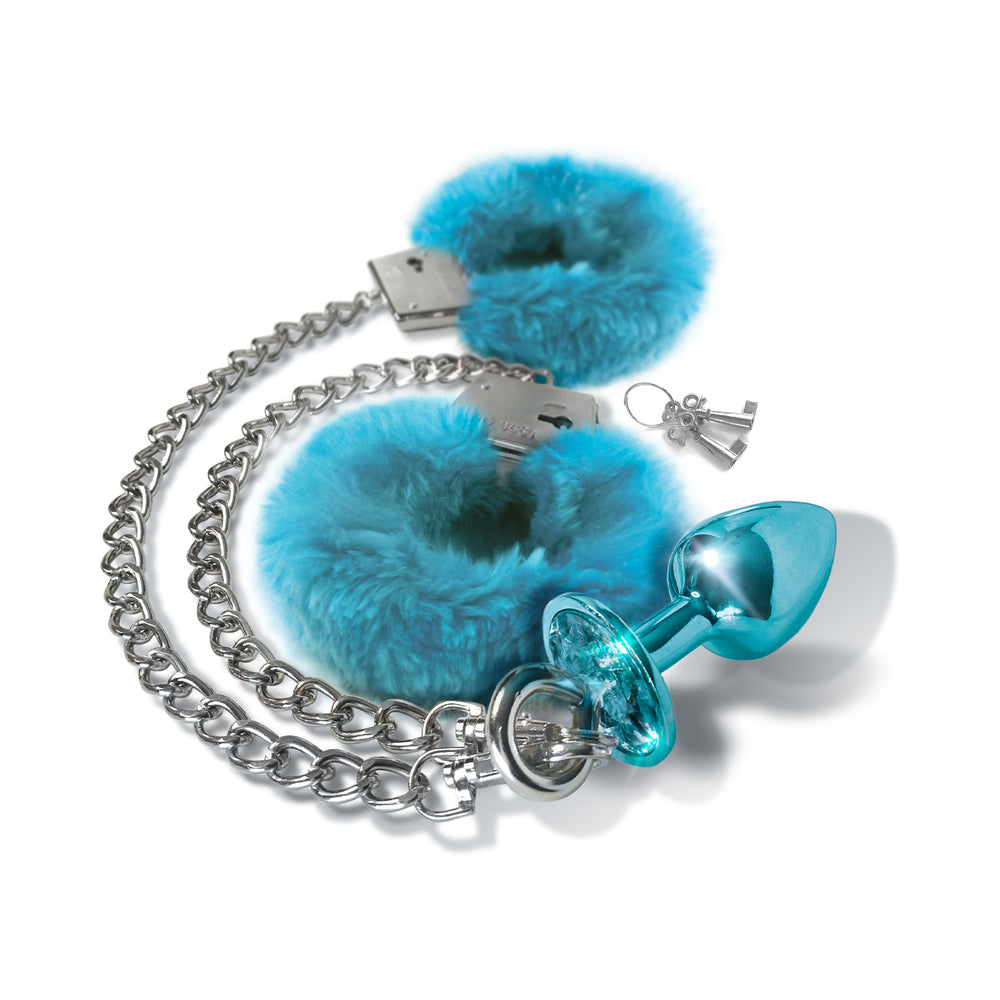 Nixie Metal Butt Plug & Furry Handcuff Set Medium Blue Metallic