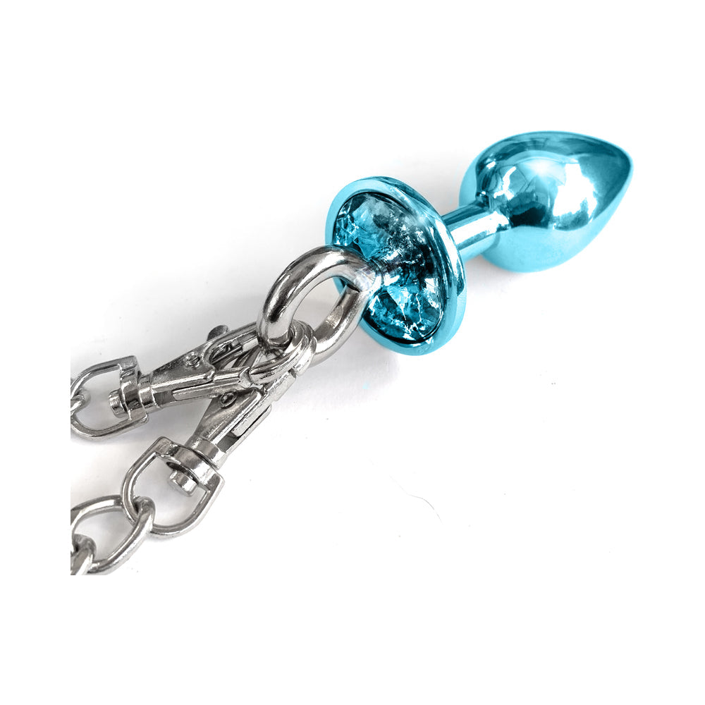 Nixie Metal Butt Plug & Furry Handcuff Set Medium Blue Metallic