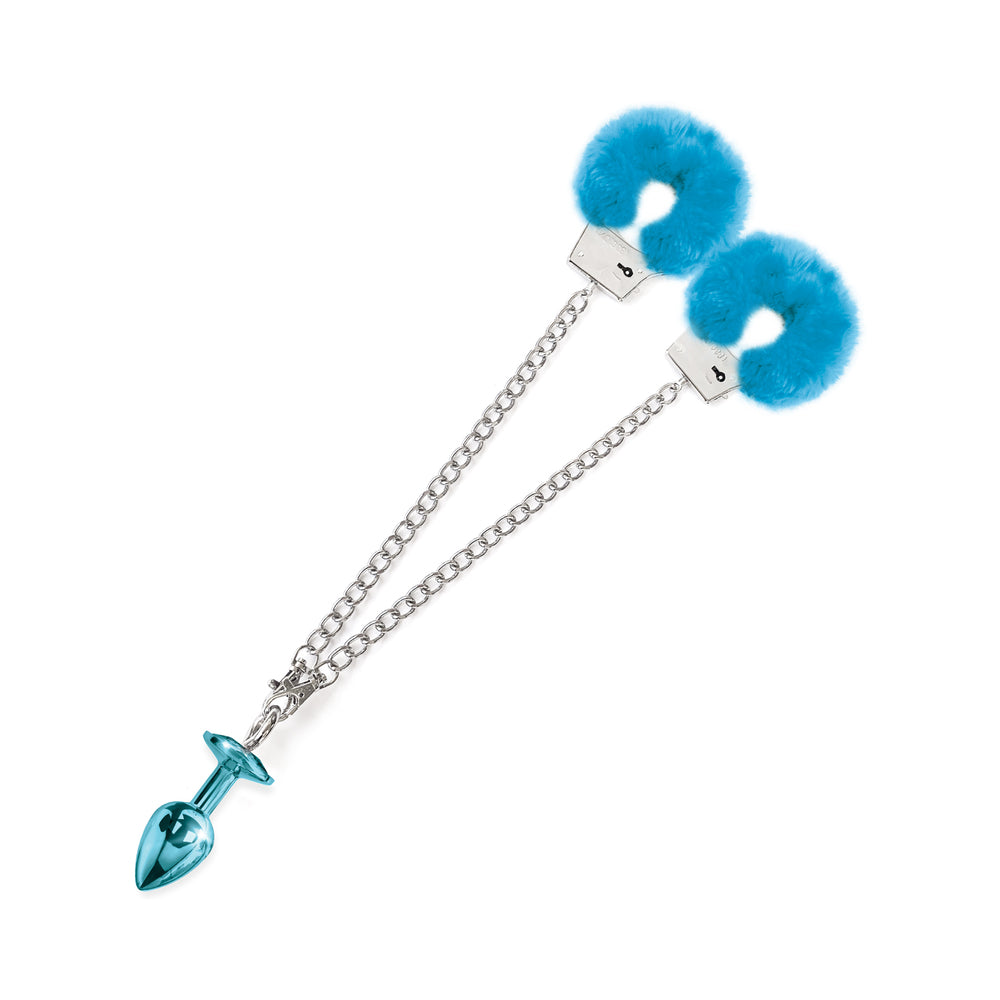 Nixie Metal Butt Plug & Furry Handcuff Set Medium Blue Metallic
