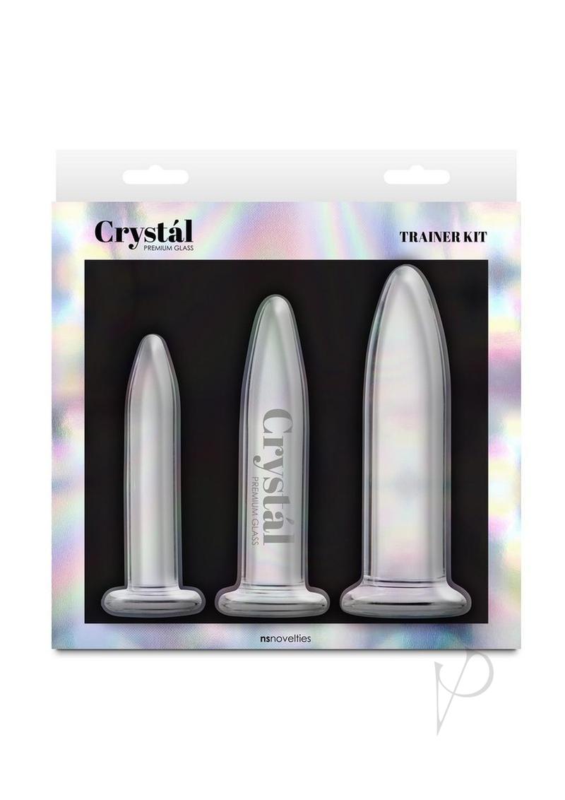 Crystal Trainer Glass Anal Plugs Kit 3pc Set Clear featuring three graduated plugs in a stylish packaging.
