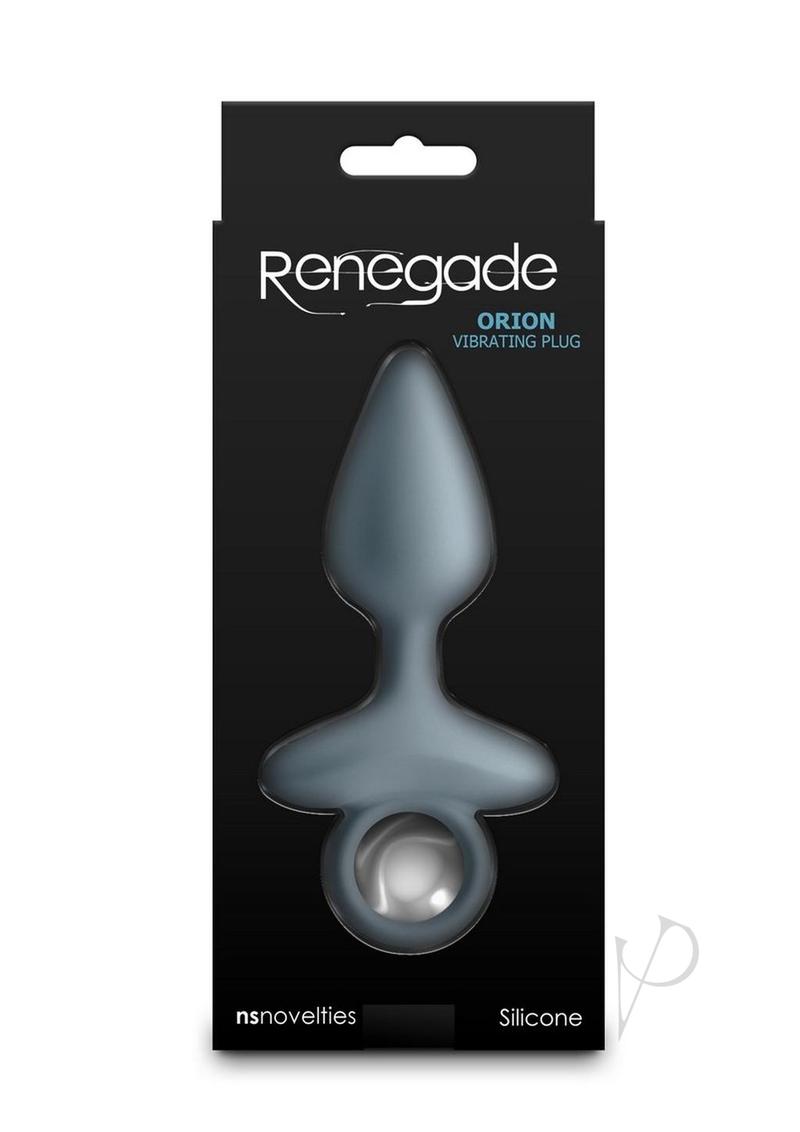 Renegade Orion Rechargeable Silicone Anal Plug Gray packaging with elegant design and details on use.
