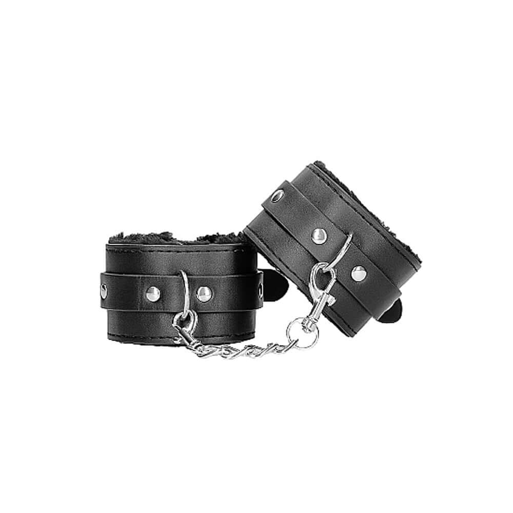 Ouch! Black & White Adjustable Plush Bonded Leather Hand Cuffs Black