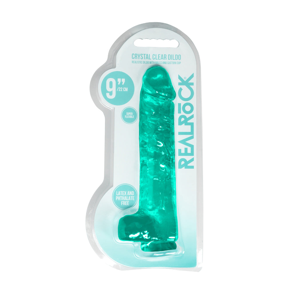 RealRock Crystal Clear Realistic 9 inches Dildo With Balls and Suction Cup Turquoise