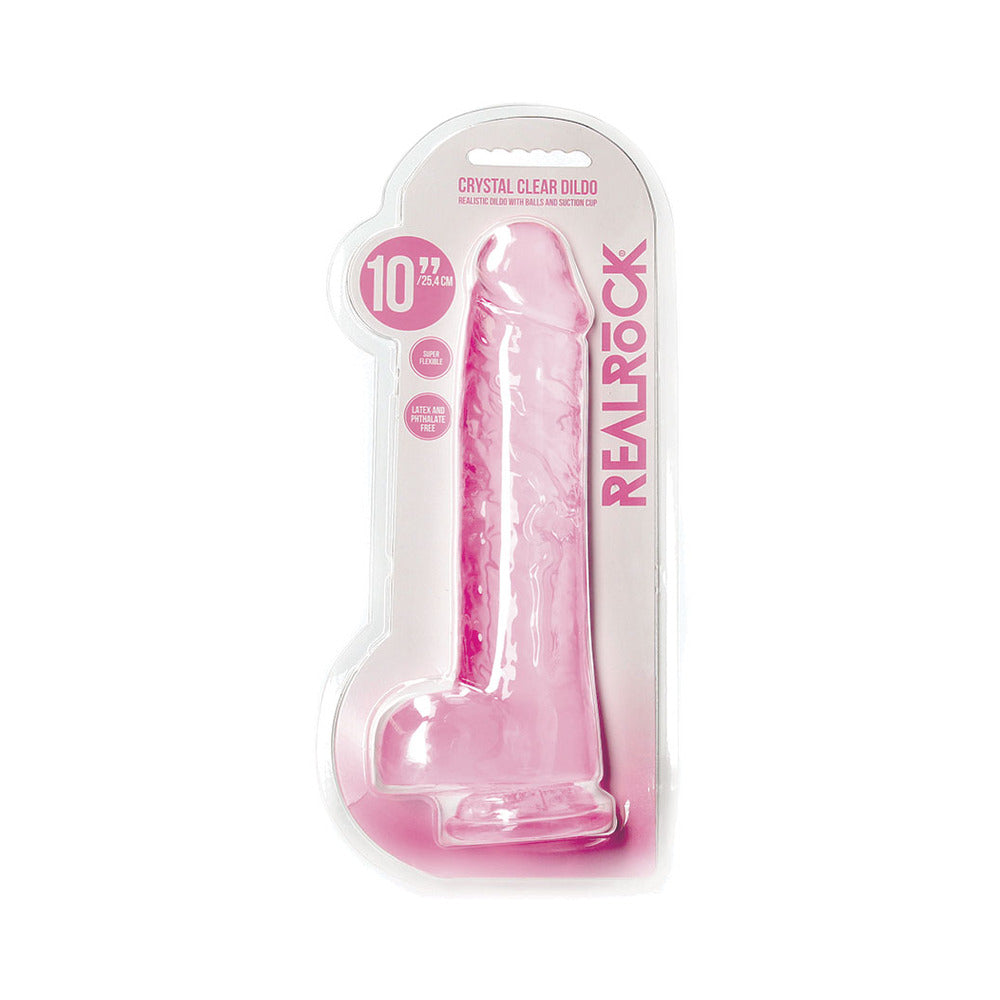 RealRock Crystal Clear Realistic 10 inches Dildo With Balls and Suction Cup Pink