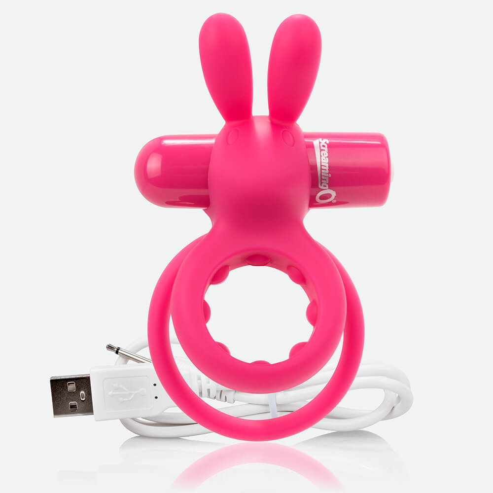 Charged Ohare Vooom Rechargeable Vibrating Cock Ring Pink featuring flexible ears and USB charging.