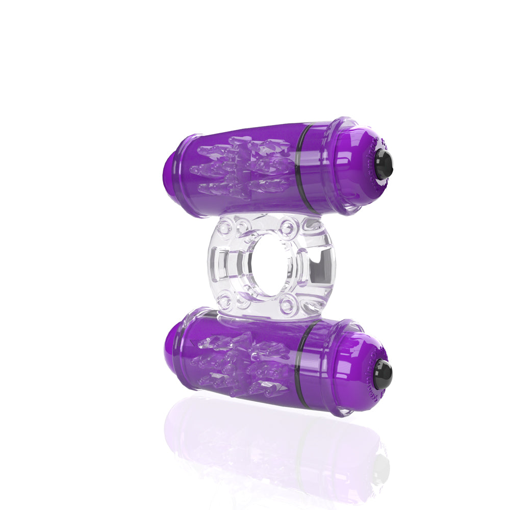 Screaming O 4B Double Wammy Vibrating Cock Ring Grape featuring dual motors for shared pleasure and intense vibrations.
