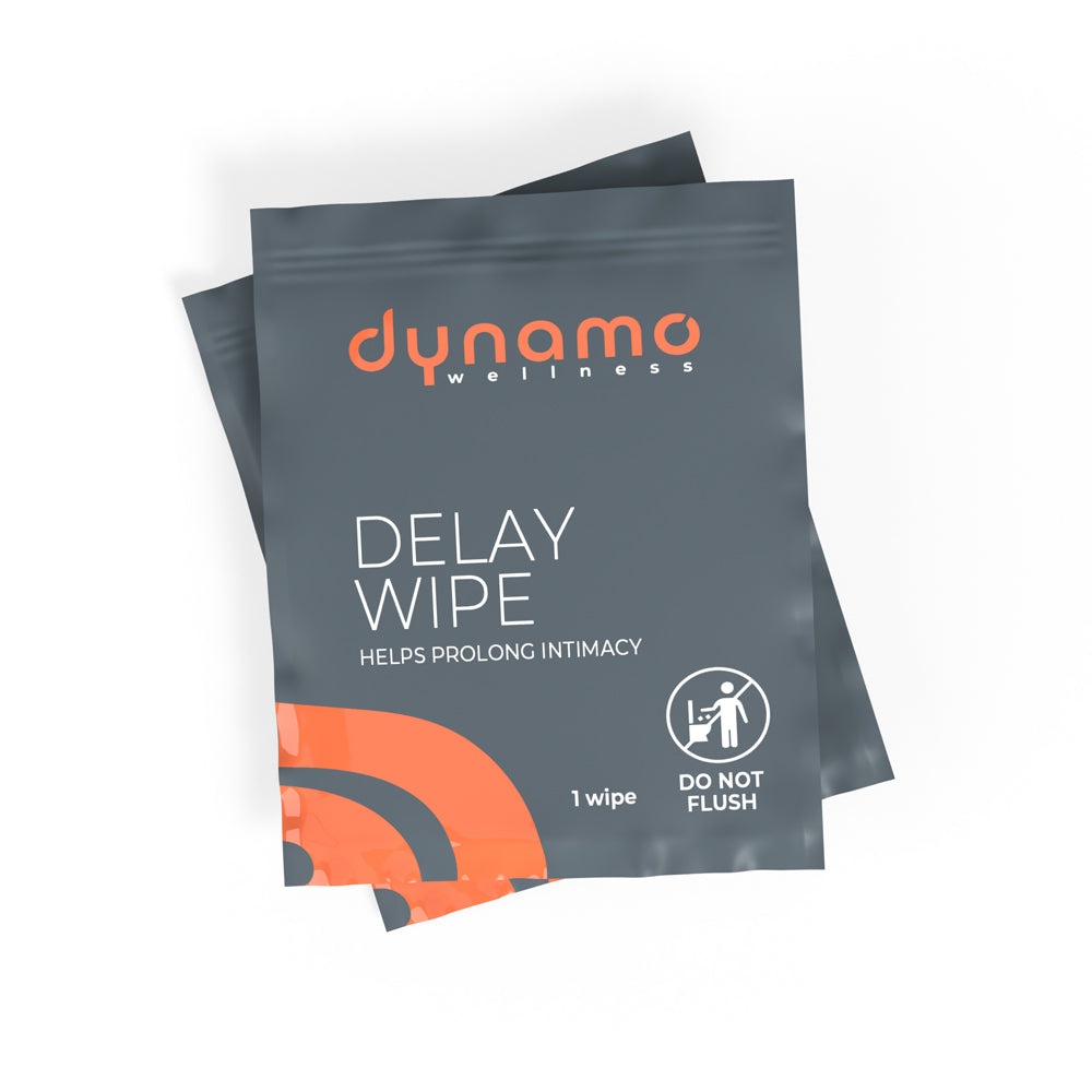 Dynamo Wellness Delay Wipe 4% Benzocaine 18 Pack packaging, discreet wipe for enhancing intimacy.