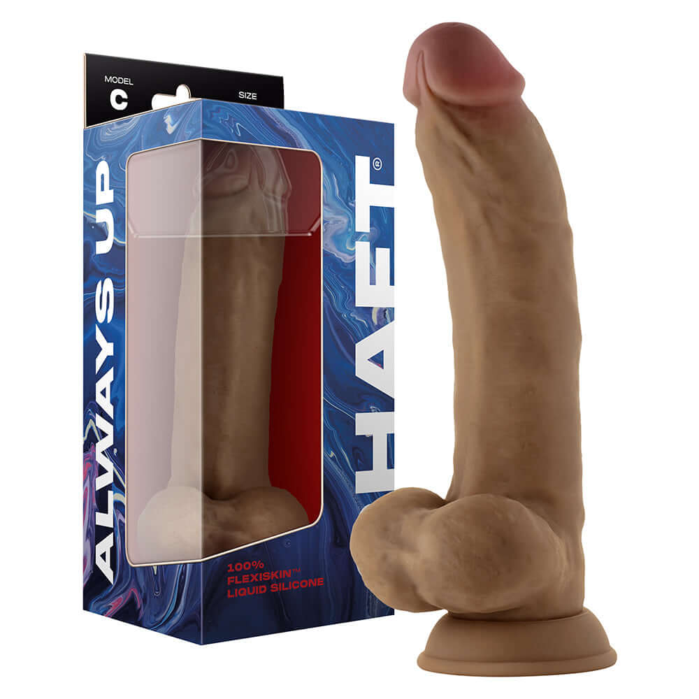 Shaft Model C 9.5 inch Dual Density Silicone Dildo with Balls Oak displayed in packaging.