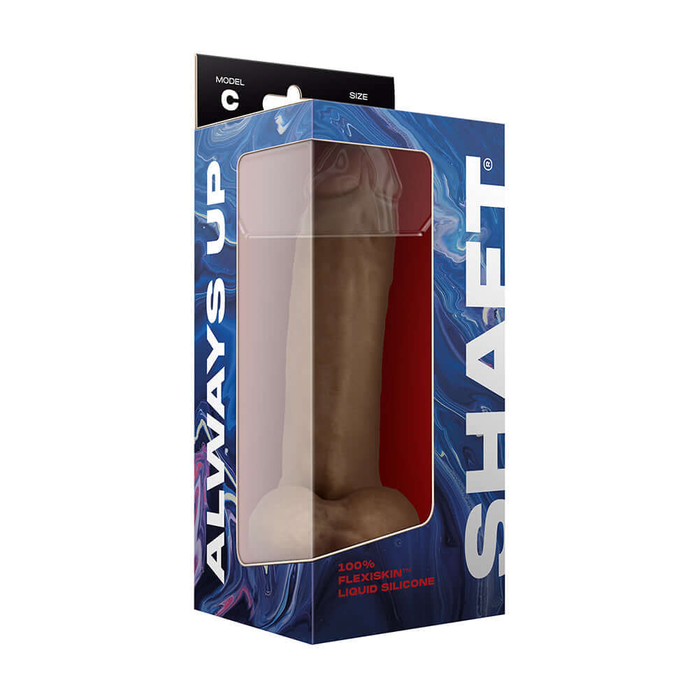 Shaft Model C 9.5 inch Dual Density Silicone Dildo with Balls Oak packaging front view.