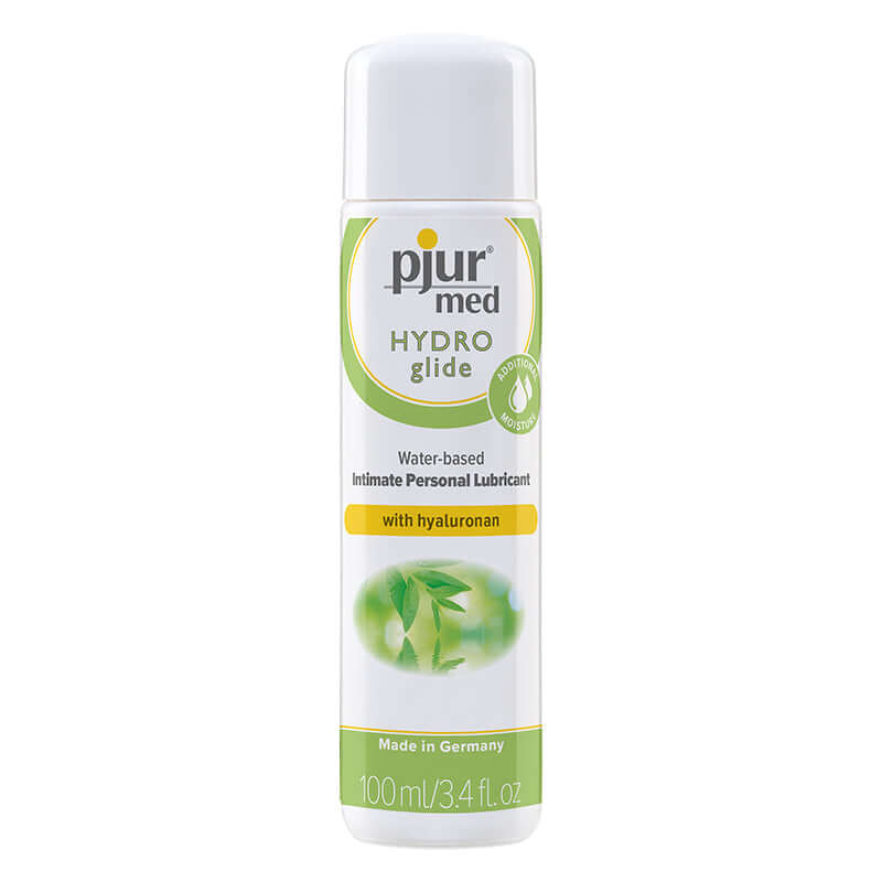 Pjur Med Hydro Glide Water-based Lubricant 3.4 Oz bottle featuring hyaluronan, made in Germany.