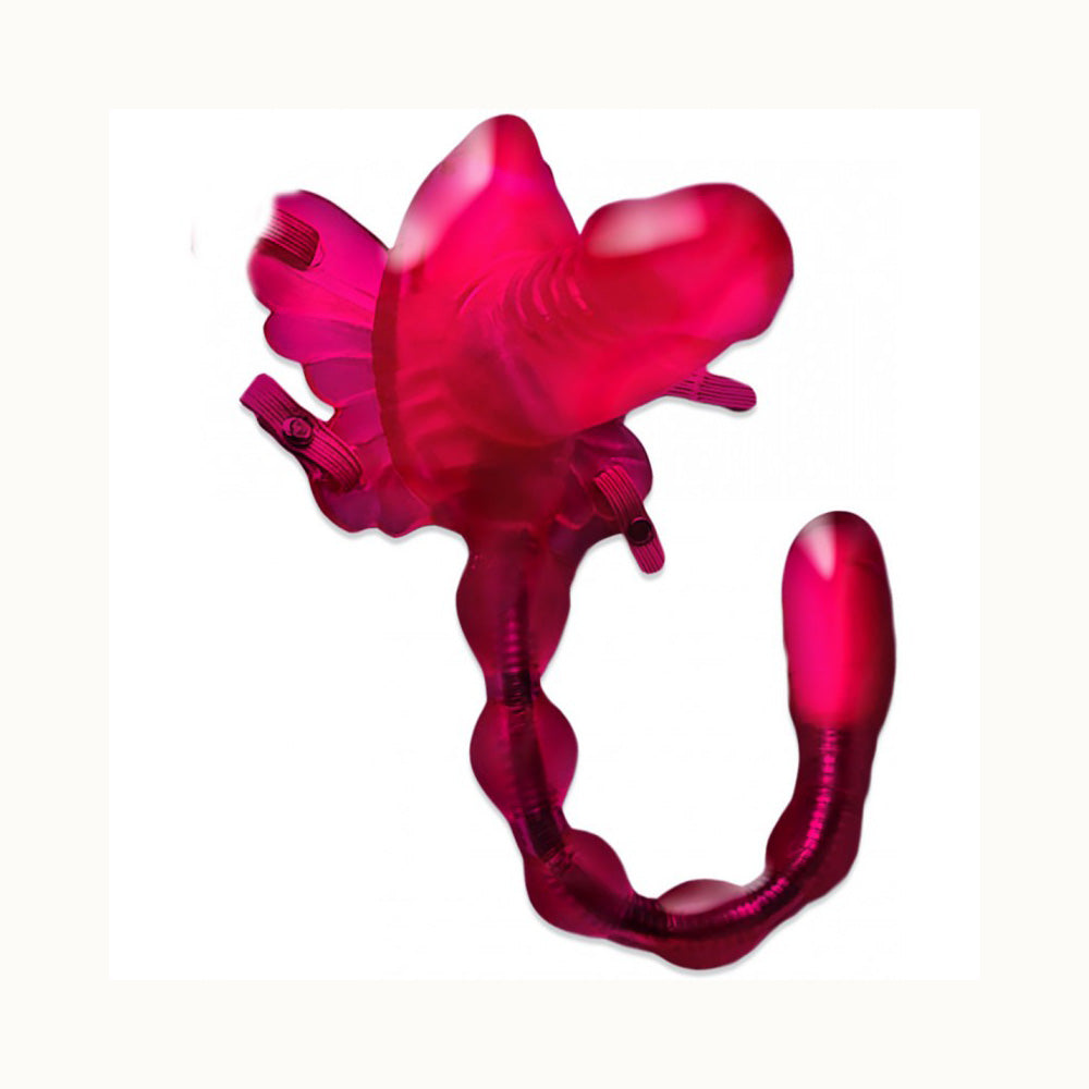 Wet Dreams Butterfly Baller Vibrating Sex Harness Pink shown in vibrant pink color, featuring butterfly wings and a vibrating bead tail.
